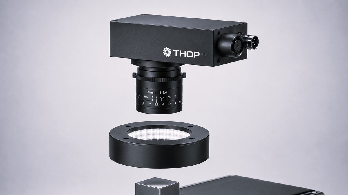 THOPinspect Unit: Industriekamera mit Objektiv und Beleuchtung über einem Förderband